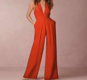 Women's Polyester Sleeveless Mid Waist Plain Elegant Jumpsuit