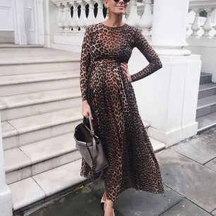 Women’s Cotton O-Neck Long Sleeves Leopard Maxi Maternity Dress