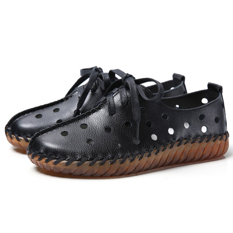 Women's Genuine Leather Lace Up Closure Round Toe Patchwork Shoes