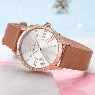 Women's Leather Round Shaped Waterproof Elegant Luxury Watch