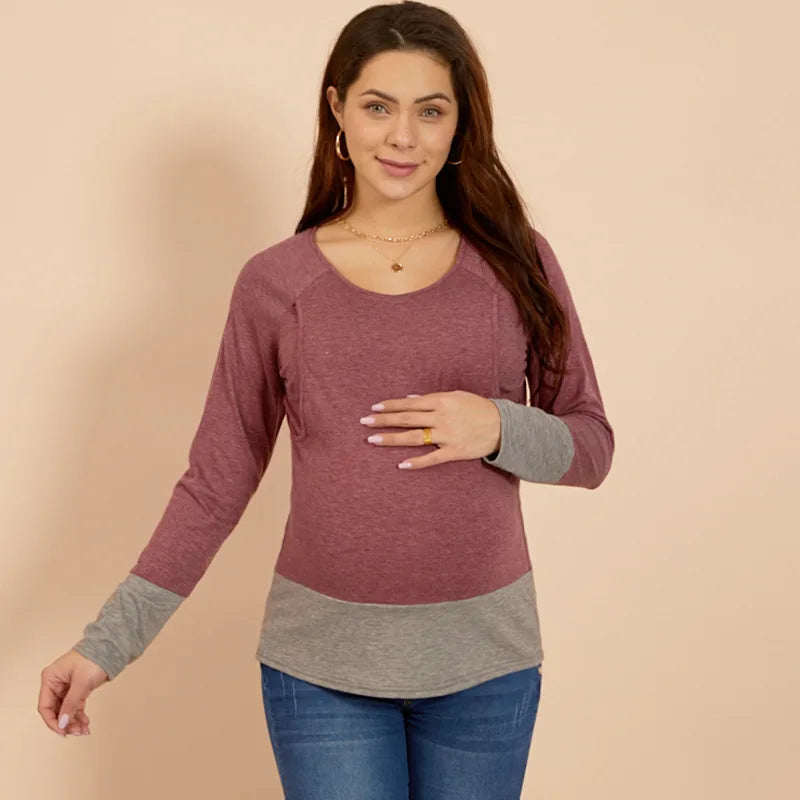 Women's Polyester O-Neck Long Sleeves Solid Maternity T-Shirt