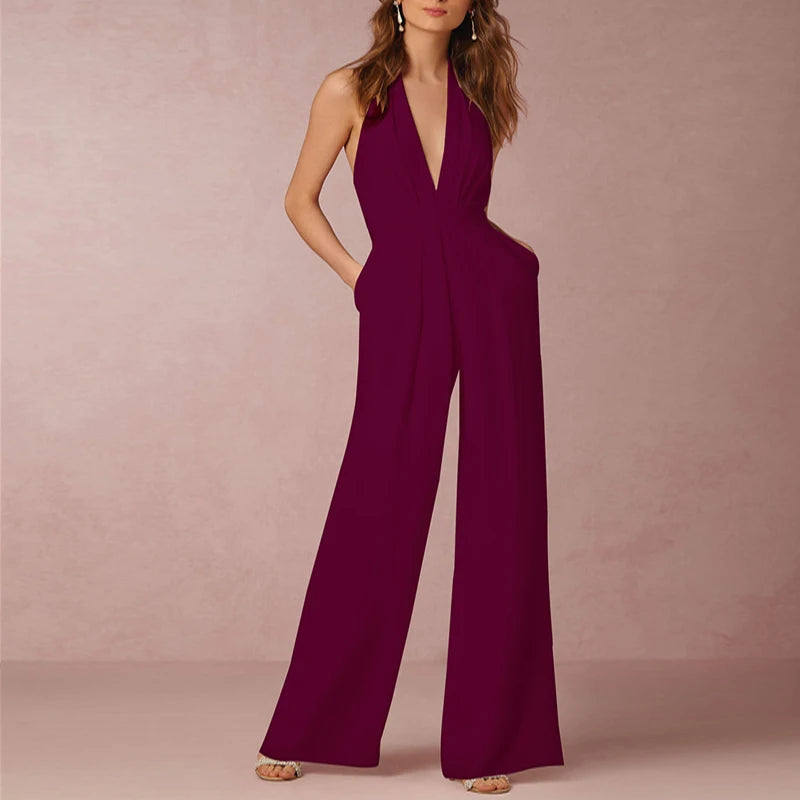 Women's Polyester Sleeveless Mid Waist Plain Elegant Jumpsuit