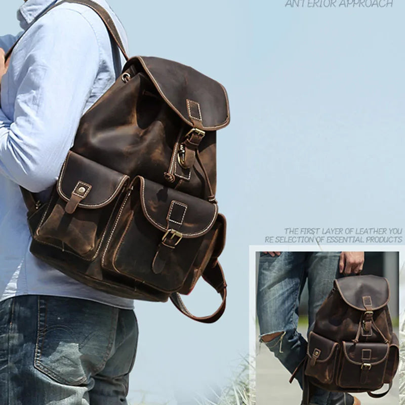 Men's Genuine Leather String Closure Solid Pattern Backpack