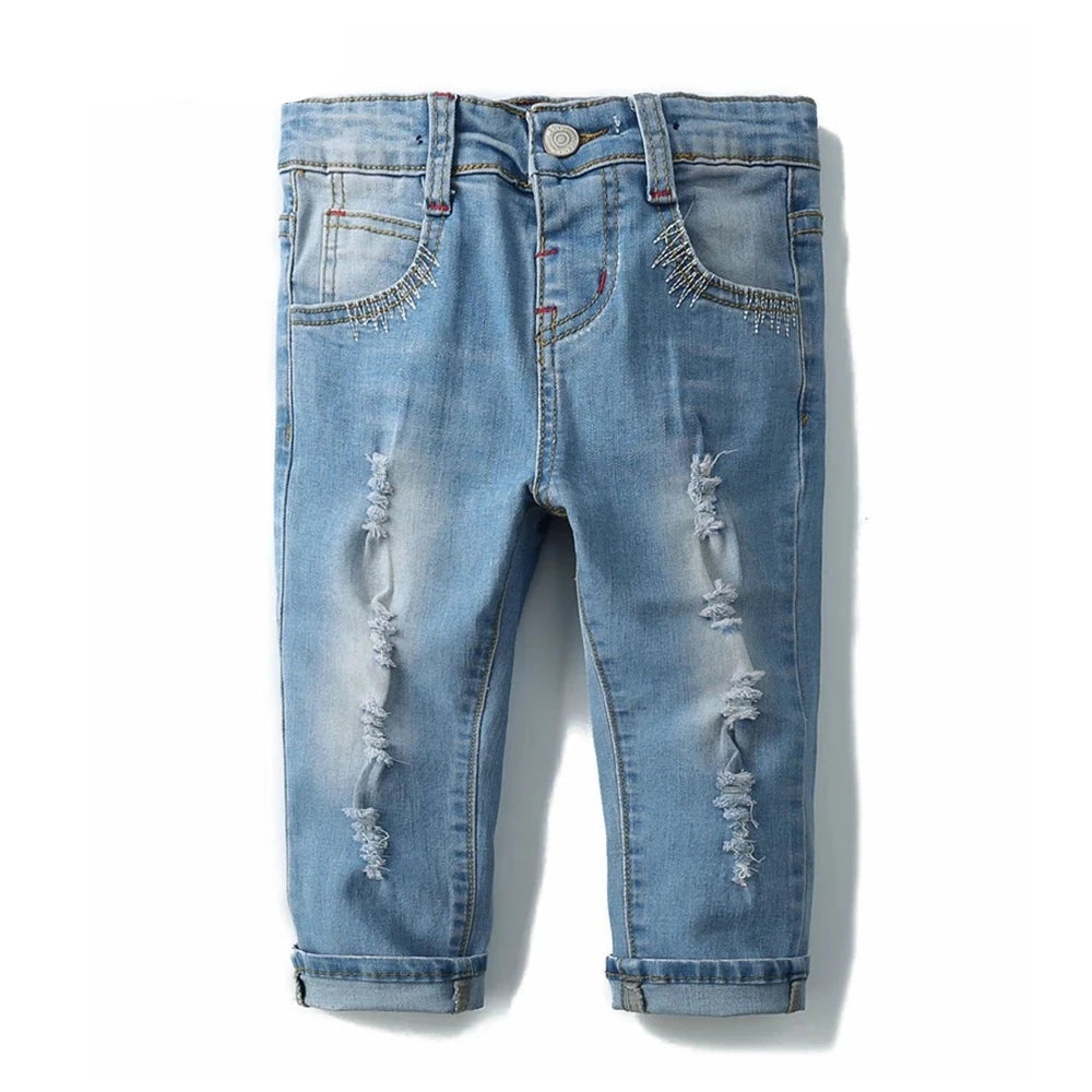 Kid's Cotton Elastic Waist Closure Ripped Denim Casual Jeans