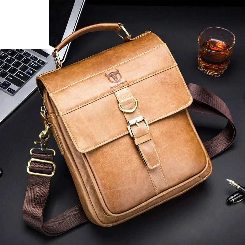 Men's Genuine Leather Zipper Closure Solid Pattern Shoulder Bag