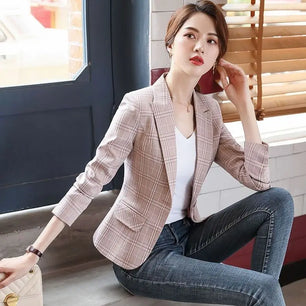 Women's Notched Polyester Full Sleeve Single Breasted Plaid Blazer