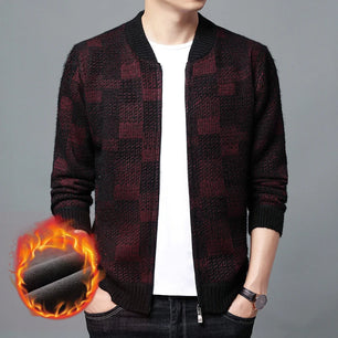 Men's V-Neck Full Sleeves Zipper Closure Plaid Casual Jacket