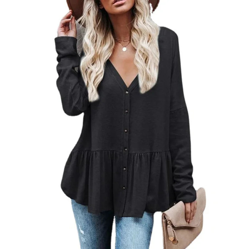 Women's Polyester V-Neck Long Sleeve Solid Pattern Casual Tops