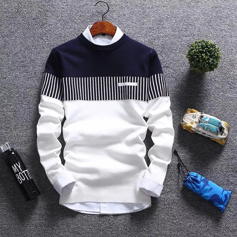 Men's O-Neck Polyester Long Sleeves Striped Pullover Sweater