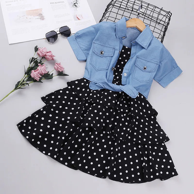 Kid's Cotton Turn-Down Collar Short Sleeve Dotted Pattern Clothes