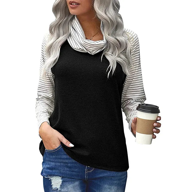 Women's Polyester Turtleneck Long Sleeves Striped Pattern Tops