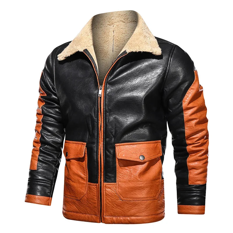 Men's Faux Leather Turn-Down Collar Long Sleeves Winter Jacket