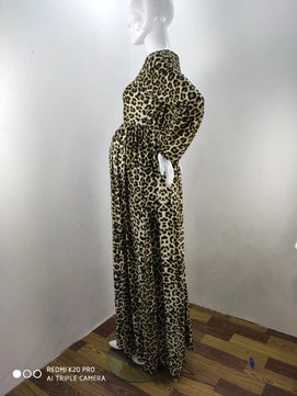 Women’s Cotton O-Neck Long Sleeves Leopard Maxi Maternity Dress