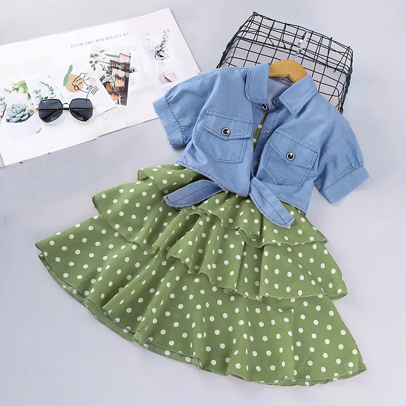 Kid's Cotton Turn-Down Collar Short Sleeve Dotted Pattern Clothes