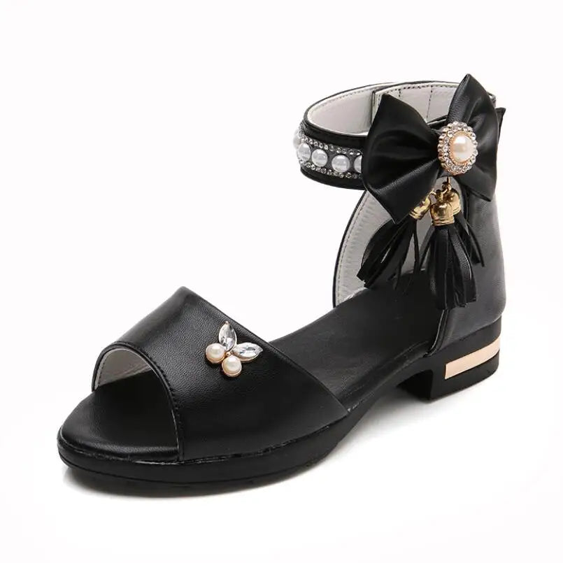 Kid's PU Peep Toe Rhinestone Pattern Hook Loop Closure Sandals