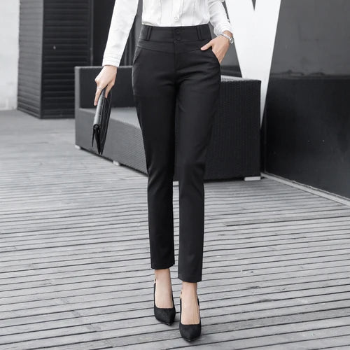 Women's Cotton High Elastic Waist Zipper Fly Closure Formal Pants