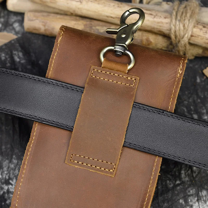 Men's Genuine Leather Solid Pattern Hasp Closure Waist Pack