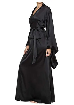 Women's Silk V-Neck Long Sleeves Solid Pattern Sleepwear Dress