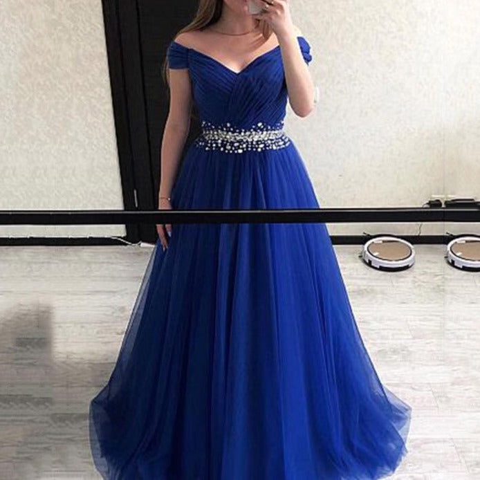 Women's Polyester Off-Shoulder Sleeveless Elegant Evening Dress