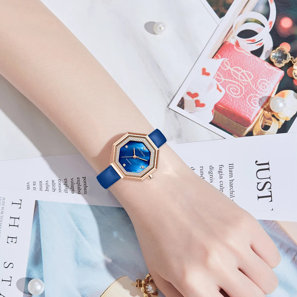 Women's Leather Polygon Shaped Waterproof Elegant Luxury Watch