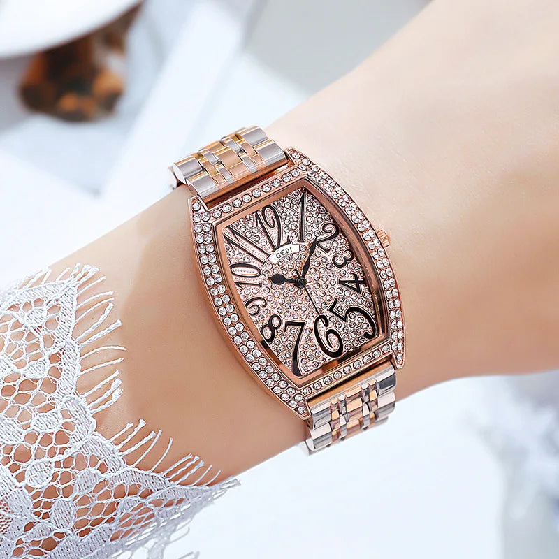 Women's Stainless Steel Tonneau Shaped Waterproof Luxury Watch