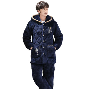 Men's Flannel Full Sleeves Hooded Thick Sleepwear Pajamas Set