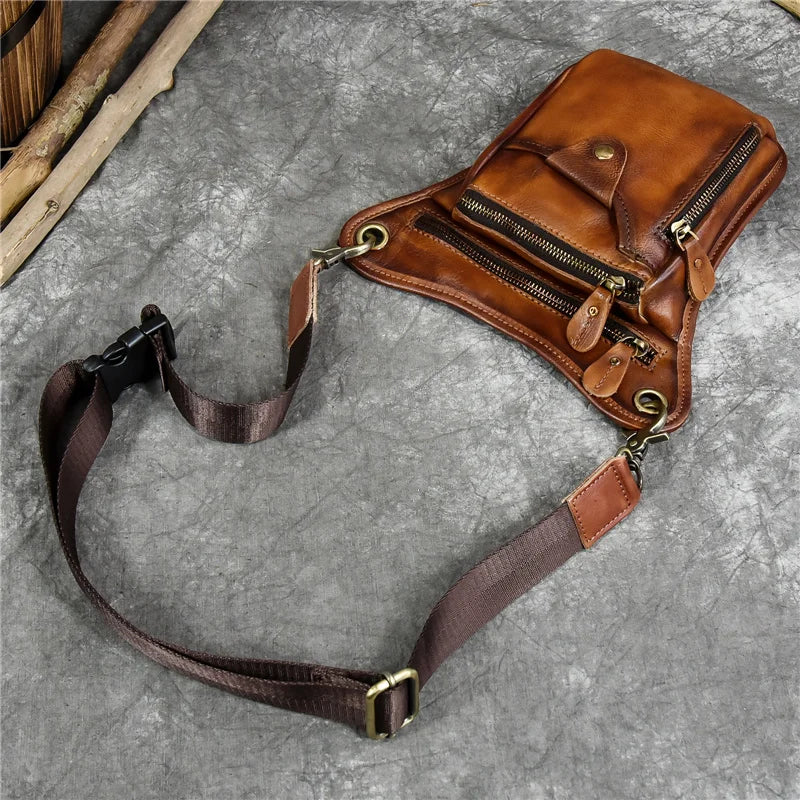 Men's Genuine Leather Solid Pattern Zipper Multifunction Waist Pack