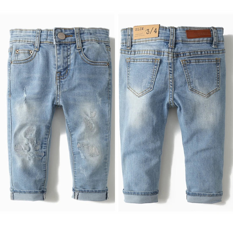 Kid's Cotton Elastic Waist Closure Ripped Pattern Casual Jeans