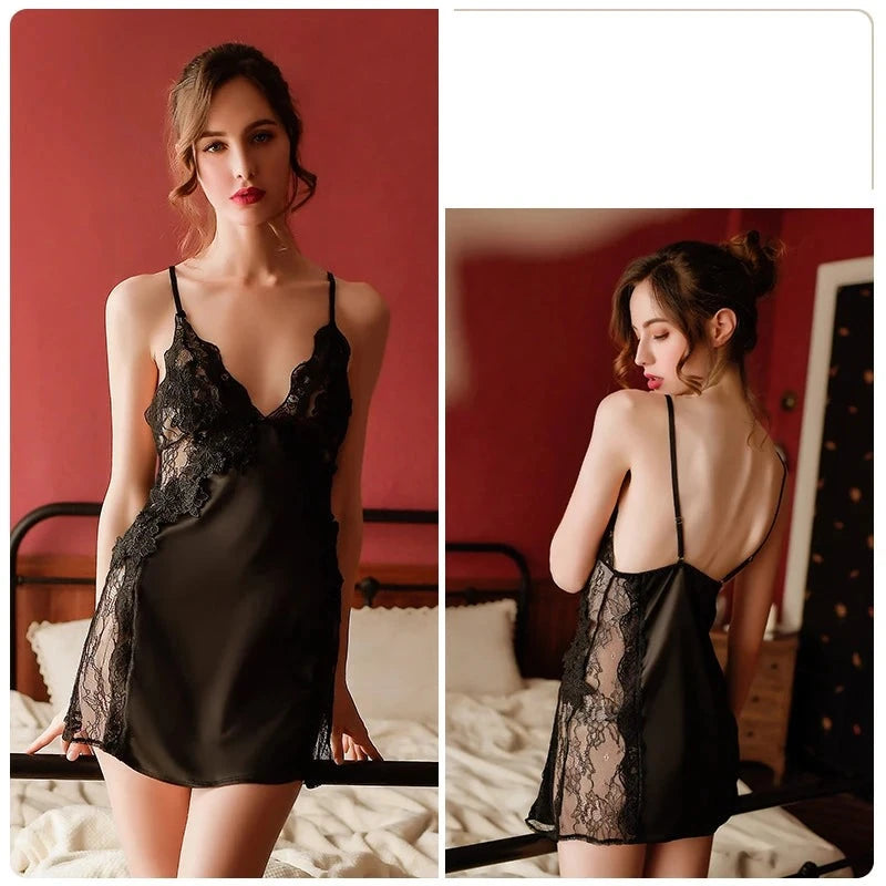 Women's Polyester V-Neck Sleeveless Patchwork Nightwear Dress