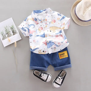 Kid's Boy Cotton Turn-Down Collar Short Sleeves Printed Clothes