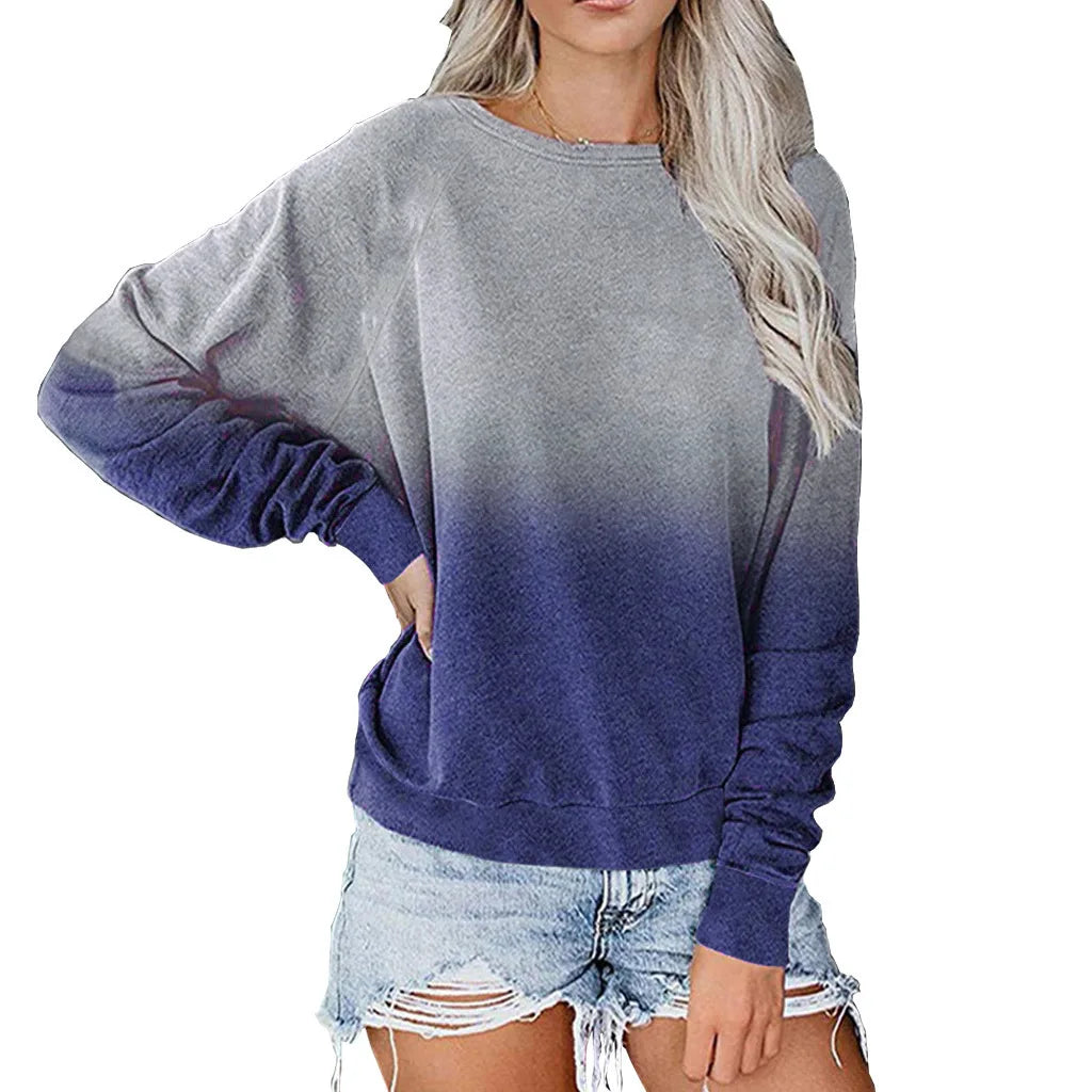 Women's Polyester O-Neck Long Sleeve Mixed Colors Pattern Tops