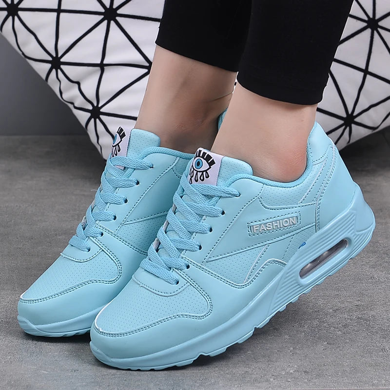 Women's Leather Round Toe Lace-up Closure Sports Wear Sneakers