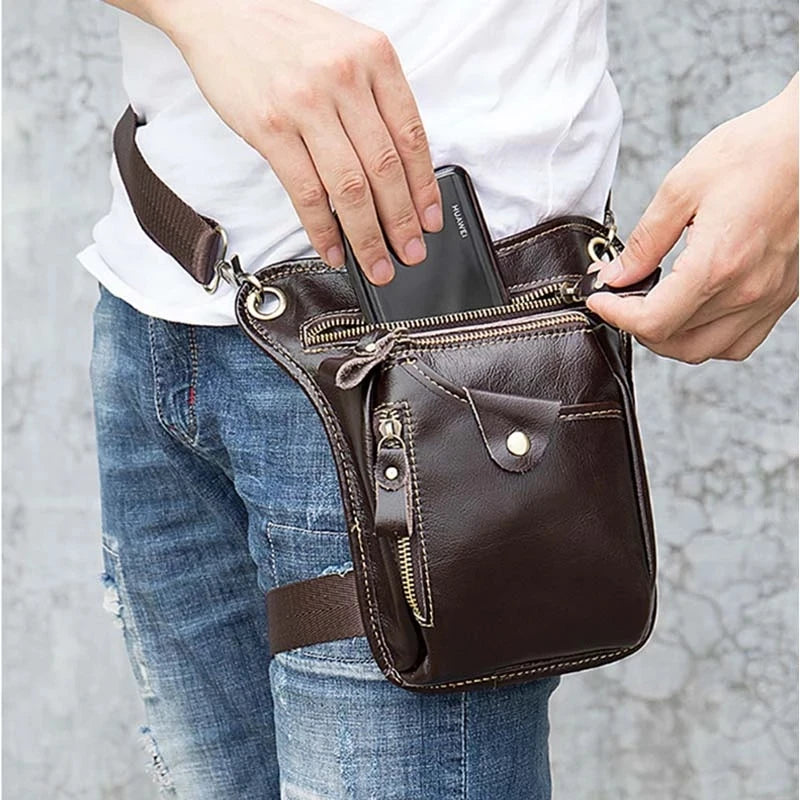 Men's Genuine Leather Solid Pattern Zipper Multifunction Waist Pack