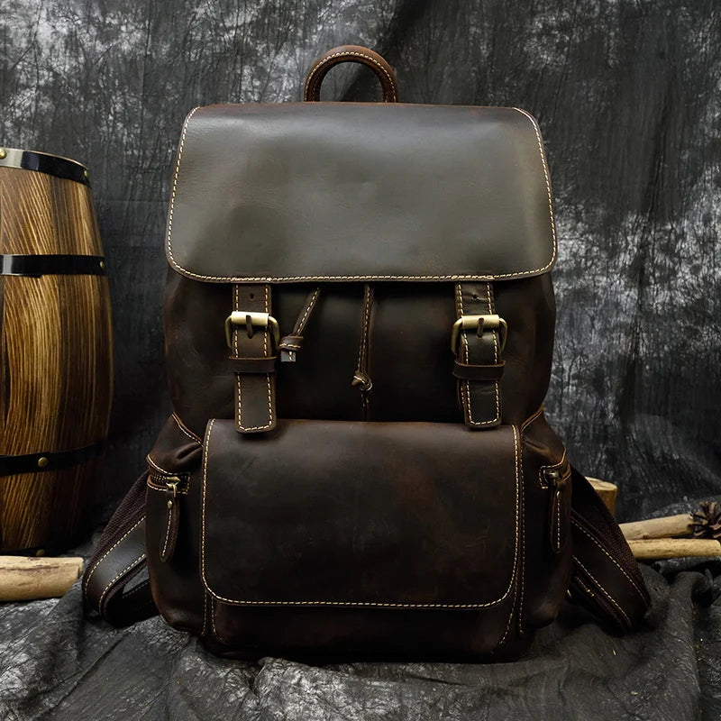 Men's Genuine Leather String Closure Solid Pattern Backpack