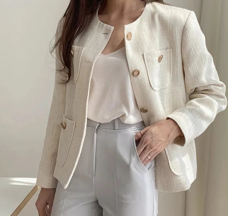 Women's Cotton O-Neck Full Sleeves Single Breasted Winter Blazer