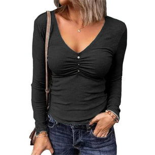 Women's Polyester V-Neck Long Sleeve Solid Pattern Casual Tops