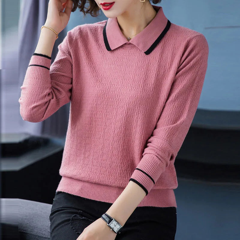 Women's Polyester Turn-Down Collar Long Sleeves Casual Sweater