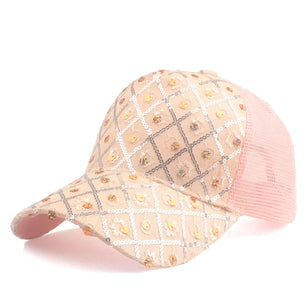 Women's Cotton Adjustable Strap Rhinestone Sun Protection Cap