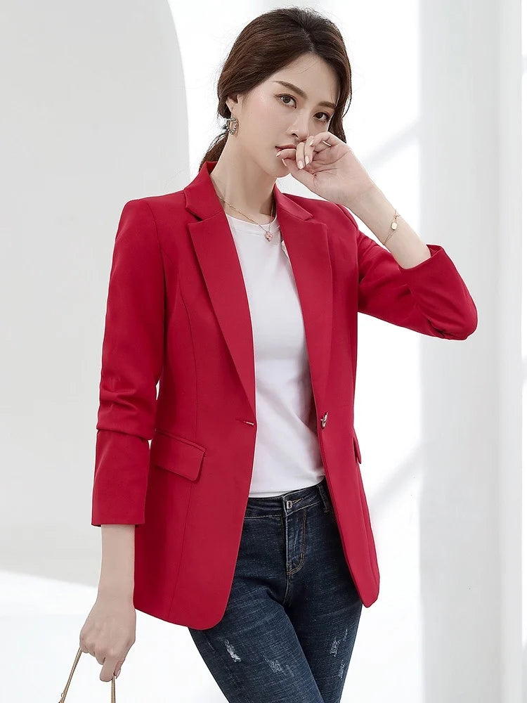 Women's Notched Collar Full Sleeve Single Button Casual Blazer