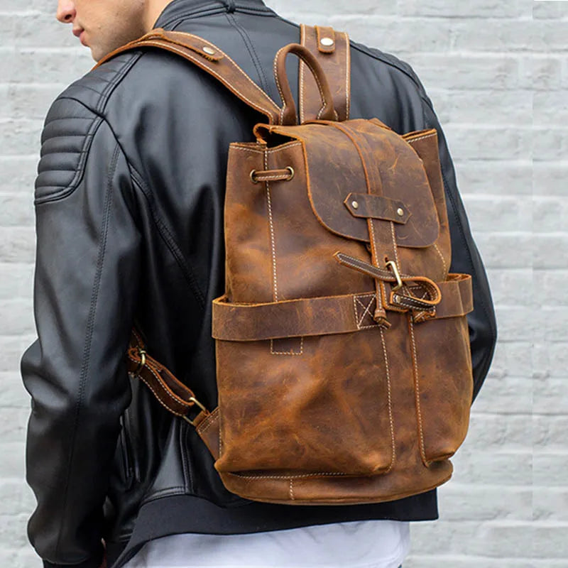 Men's Genuine Leather Solid Pattern Zipper Closure Backpack