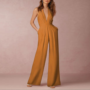 Women's Polyester Sleeveless Mid Waist Plain Elegant Jumpsuit