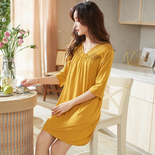 Women's V-Neck Spandex Long Sleeves Nightgown Sleepwear Dress