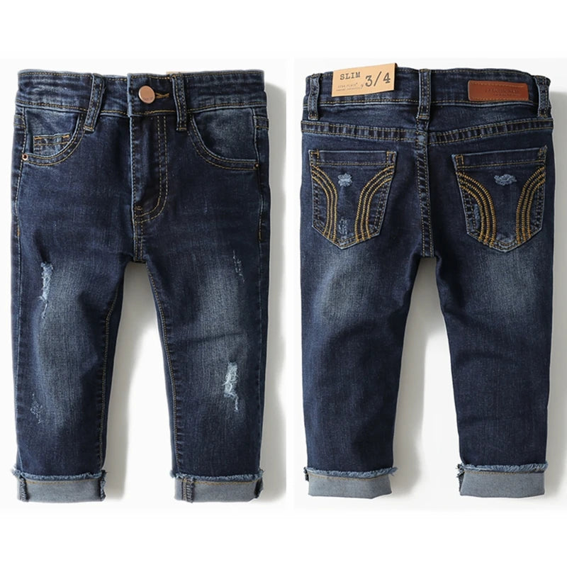 Kid's Cotton Elastic Waist Closure Ripped Pattern Casual Jeans