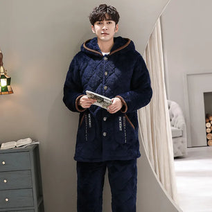 Men's Flannel Full Sleeves Hooded Trendy Sleepwear Pajamas Set