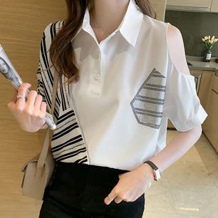 Women's Polyester Turn-Down Collar Short Sleeve Casual Wear Blouse