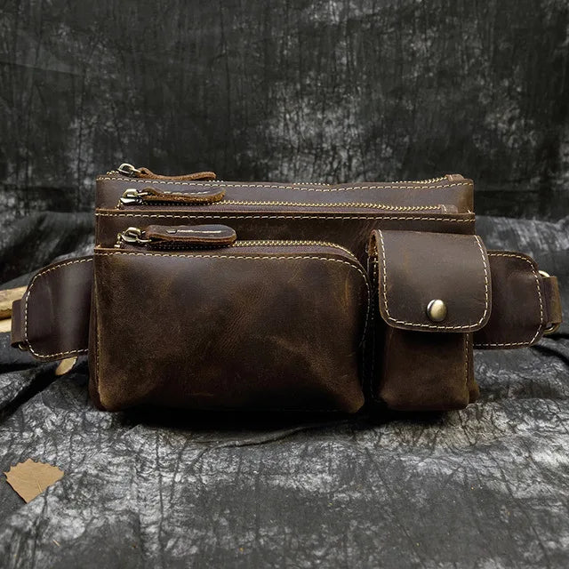 Men's Genuine Leather Solid Pattern Zipper Closure Waist Pack