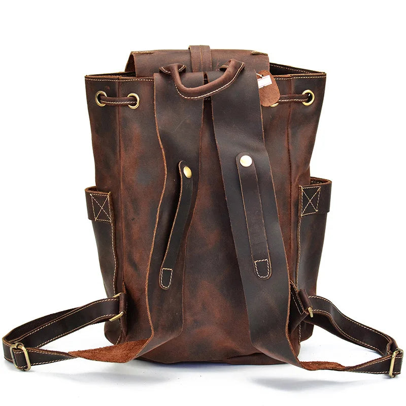 Men's Genuine Leather Solid Pattern Zipper Closure Backpack