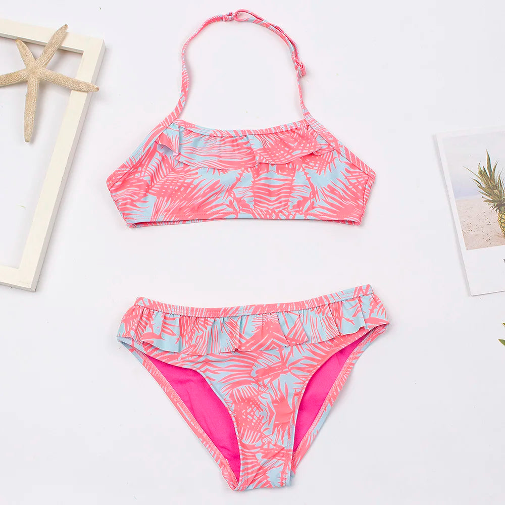 Kid's Girl Nylon Square-Neck Printed Pattern Swimwear Bikini Set