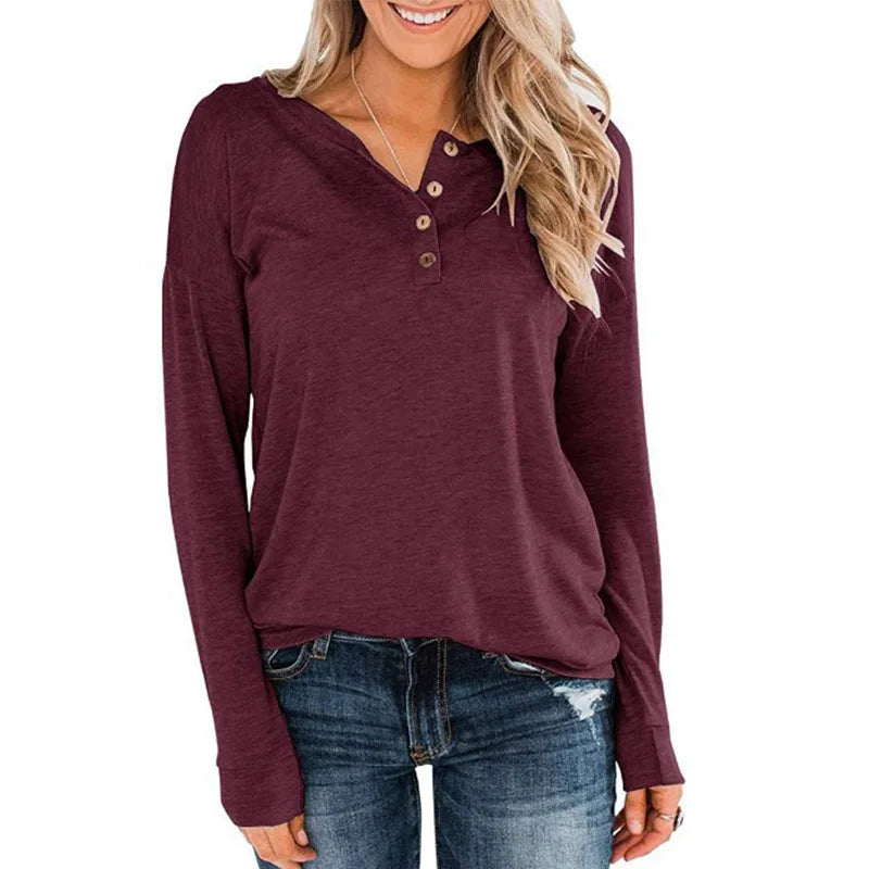 Women's Cotton V-Neck Long Sleeve Solid Pattern Casual Tops