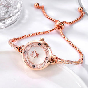 Women's Stainless Steel Round Shaped Rhinestone Quartz Watch